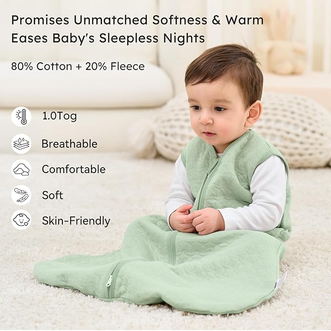 Unnivoll Baby Sleep Sack 0-6 Months 1.0 Tog Baby Wearable Blanket Cotton Sleeping Sack Quilted Baby Sleep Bag with 2-Way Zipper for Infant Newborn Green