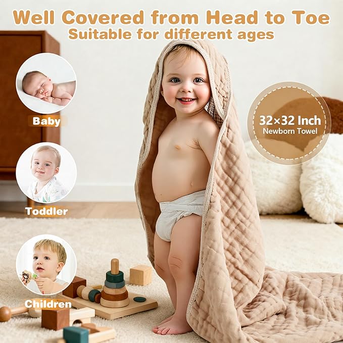 Hooded Baby Bath Towels for Newborn 2 Pack – 6-Layer 100% Muslin Cotton Baby Towels with Hood for Babies, Infants & Toddlers – Large 32x32 Inch Soft Absorbent Unisex Newborn Bath Essentials