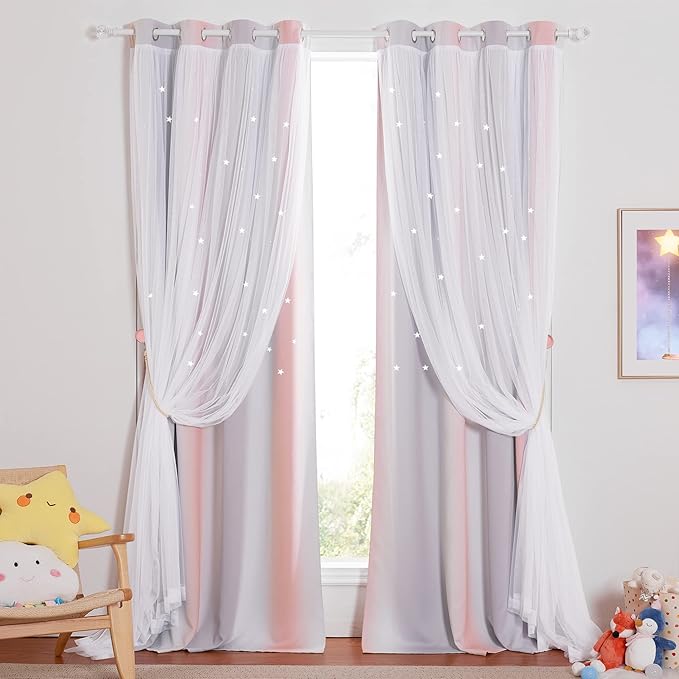 NICETOWN Baby Room Decor, Short Window Curtains for Girls Bedroom, Mix & Match Elegance White Sheer x Cosmic Star Themed Curtains for Daughter's Room (Pink & Grey, W52 x L63/Per Panel, Set of 2)