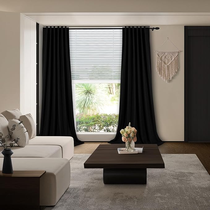 102 Inch Long 100% Blackout Curtains 2 Panel Set, Pleated Linen Black Out Back Tab Darkening Thermal Insulated Curtain Drapes for Bedroom, 52x102 in Length, Black