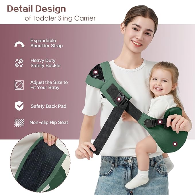 Toddler Sling Carrier, Toddler Carrier Sling, Baby Carriers Hip Carriers with Backrest, Lightweight Travel-Friendly Baby Slings Carriers, Green