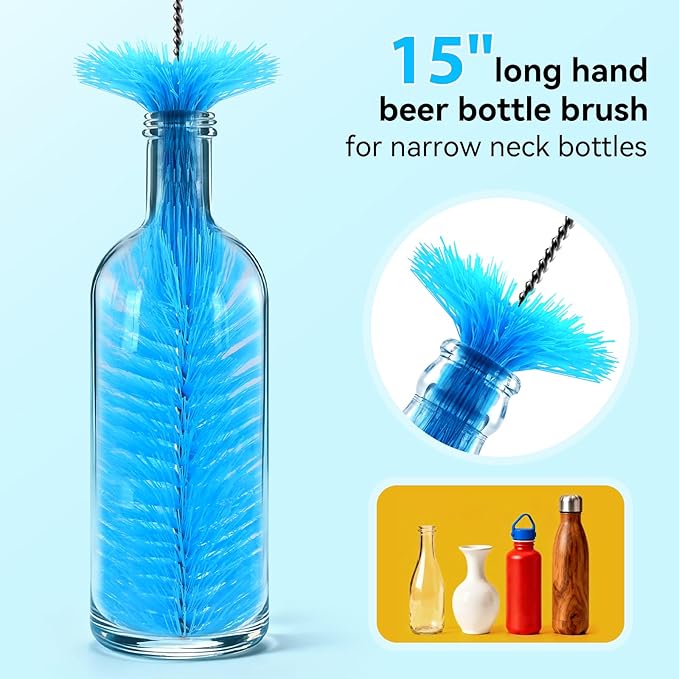 TOOUT Bottle Brush Set with Straw Cleaner Brush and 3 in 1 Cup Lid Cleaning Brush, Water Bottle Cleaner with Long Handle for Cleaning Narrow Neck Beer, Cup, Wine Glasses, Tumblers, Baby Bottles