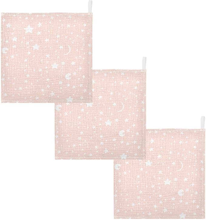 vvfelixl Moon Star Baby Burp Cloths, Baby Muslin Washcloths for Boys Girls, Cotton Baby Face Towel for Newborn Infants Soft and Absorbent 11.8 X 11.8 in, 5 Pack Pink