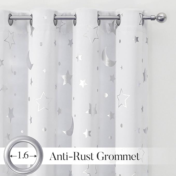 WUBODTI Kids Curtains Grey White Star 100% Blackout Curtains 2 Panel Set 45 Inches Long, Grommet Space Decor Cute Room Darkening Thermal Insulated Nursery Curtain Drapes for Bedroom Small Windows