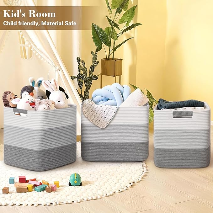 15×13 Inch Storage Cubes, 3 Pack Cube Storage Bins for Organizing, Cotton Rope Woven Baskets for Shelves, Bathroom, Kids Room, Closets, Baby Nursery