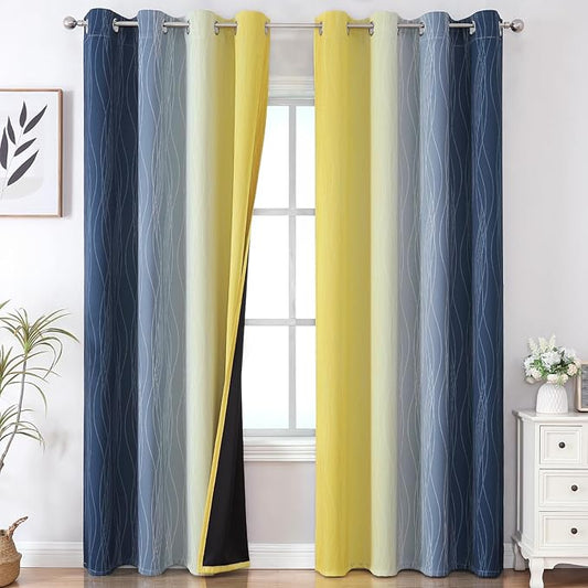 Estelar Textiler Navy Blue and Yellow Ombre Blackout Curtains 102 Inches Long for Bedroom, Thermal Insulated Full Room Darkening Grommet Gradient Drapes for Living Room, 52Wx102L, 2 Panels