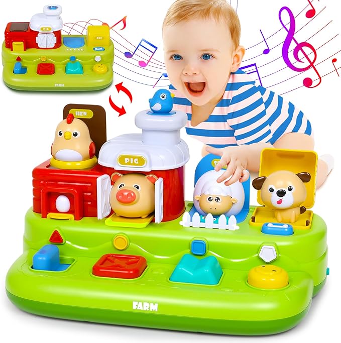 Interactive Pop Farm Animal Up Toys with Music Sounds Montessori Cause and Effect for 1-3 Baby Boy Girl Early Educational Musical Baby Infant STEM Gift 12-18 Months Babies Birthday