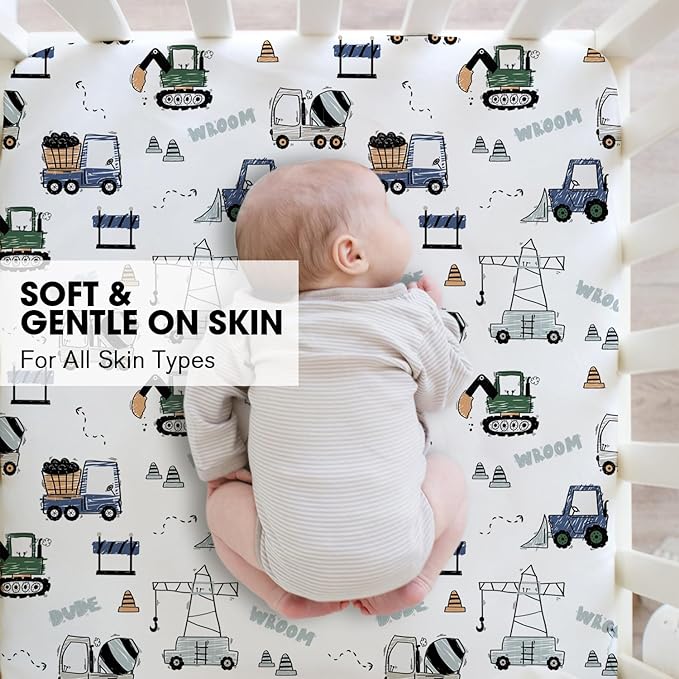 Little Grape Land Pack and Play Sheets Mini Crib Sheets Soft Breathable Pack N Play Sheets, Playard Fitted Sheet 2 Pack Stretchy Fits 38"x26" Playard Mattress, Navy Trucks