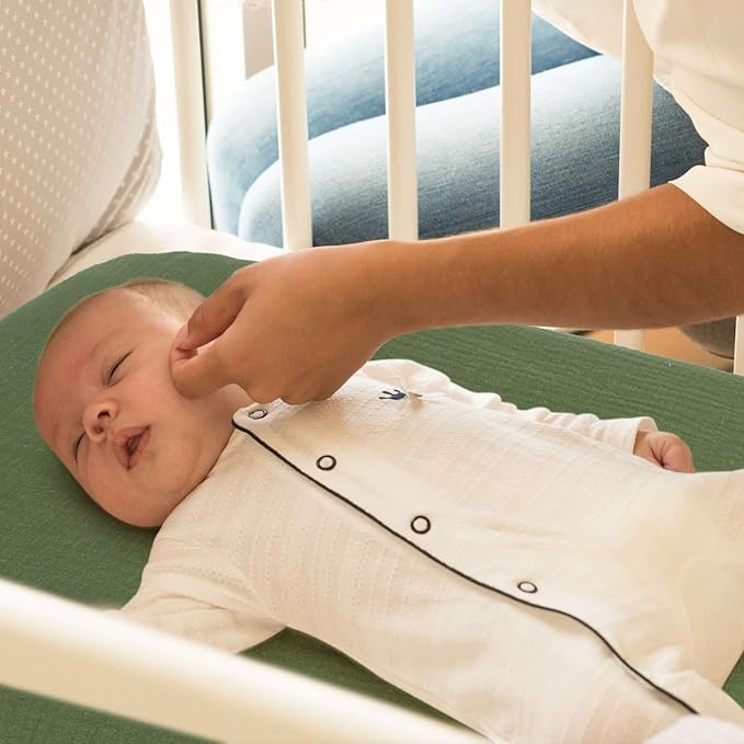 PET REJOIR Muslin Bassinet Sheet for Baby Boy and Girl-2 Pack 17"x 33" Soft Bedside Bassinet Sheets Fitted for Rectangle, Round, Oval, Hourglass Mattress-Neutral Olive Green & Beige