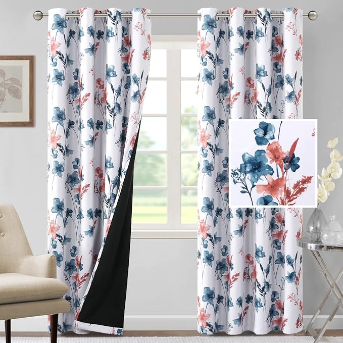 H.VERSAILTEX 100% Blackout Curtains 96 inch Length 2 Panels Set Cattleya Floral Printed Drapes Leah Floral Thermal Curtains for Bedroom with Black Liner Sound Proof Curtains, Stone Blue and Coral