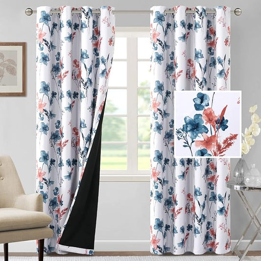 H.VERSAILTEX 100% Blackout Curtains 96 inch Length 2 Panels Set Cattleya Floral Printed Drapes Leah Floral Thermal Curtains for Bedroom with Black Liner Sound Proof Curtains, Stone Blue and Coral