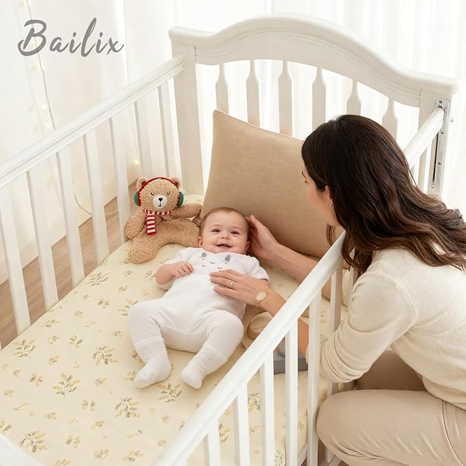 Heavyweight Muslin Baby Crib Sheets - 2PCS 52"x28" Neutral Fitted Crib Sheets for Boys Girls, Breathable Soft 100% Organic Cotton Standard Baby Mattress Sheet (Sage Green, Leaf)