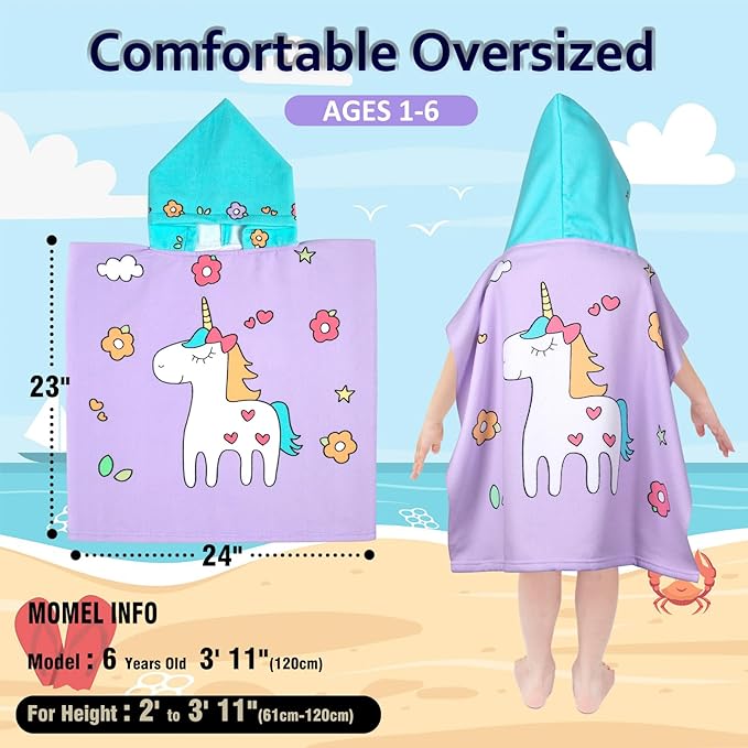 Hooded Kids Beach Towels - Toddler Bath Towel Girls Boys Swim Cover-ups for Ages 1 to 6 Kids Pool Towels Quick Dry Lightweight Soft Microfiber Poncho Towel 24x23(Flower Unicorn New)