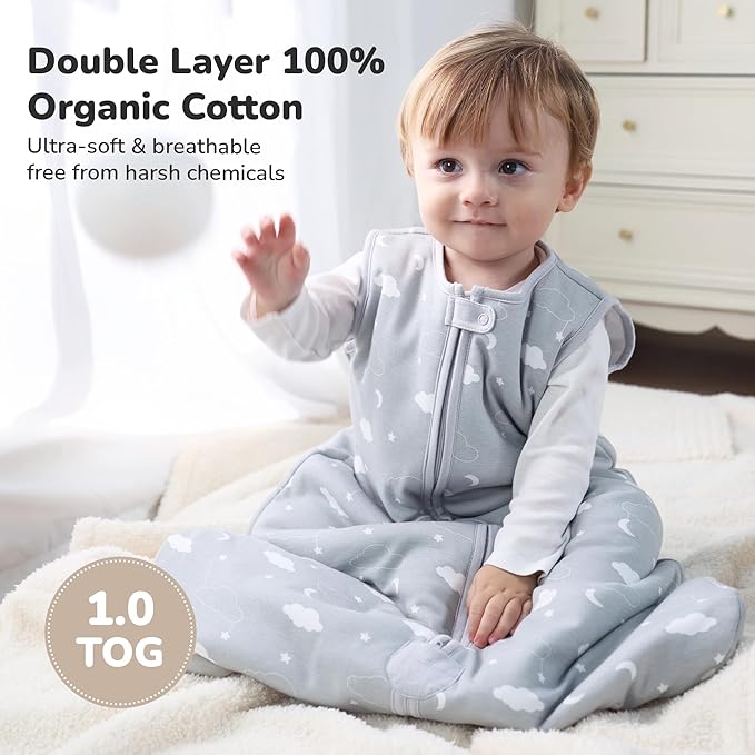 Baby Sleep Sack 1.0 TOG, Organic Cotton Baby Wearable Blanket with Two-Way Zipper, Swaddle Transition Baby Sleeping Bag, All-Season Sleep Sack for Newborn Infant Toddler Boy Girl, 6-12 Months, 1-Pack