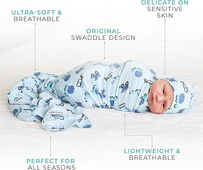Posh Peanut Baby Swaddle Blanket & Beanie - Matching Newborn Swaddle Set, Doubles As Receiving Blanket or Nursing Cover (Construction Cars)