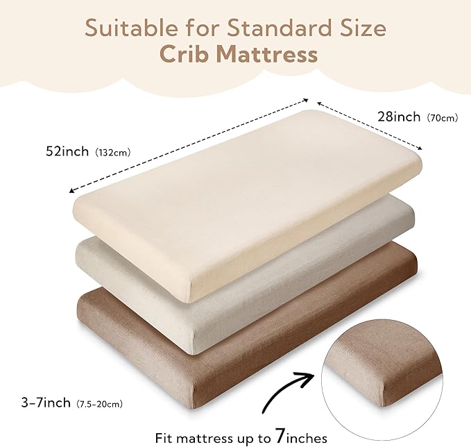 SOULFUL Muslin Crib Sheets for Boys Girls, 3 Pack Soft and Breathable Cotton Fitted Crib Sheets for Standard Crib Mattress (28"x 52", Beige & Light Tan & Brown)