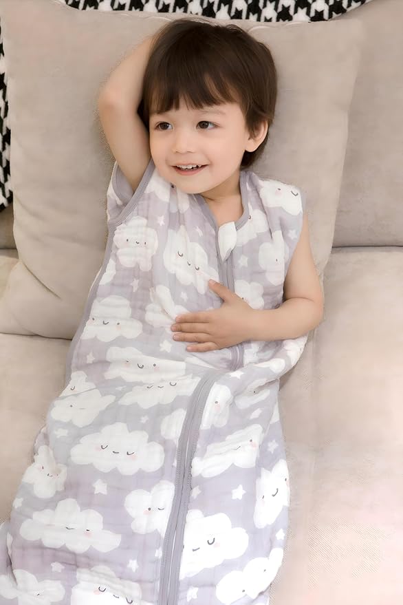 TADO MUSLIN Baby Sleep Sack 2-4 T Baby Wearable Blanket 100% Organic Cotton 0.5 TOG Toddler Sleep Sacks 2- Way Zipper Soft 4 Layers Muslin 2T 3T 4T Cloud