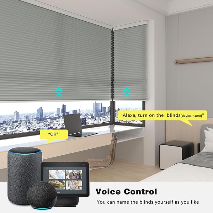Changshade Smart Motorized Blinds Cellular Shades Remote Control Work with Alexa, Google Home, Smarthings, Custom Size Auto Electric Power Automatic for Indoor Windows Doors, Light Filtering, Grey