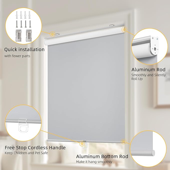 ChrisDowa Cordless Free-Stop 100% Blackout Blinds for Windows, Roller Windows Shades with Thermal Insulated, UV Protection Fabric for Living Room, Office and Home. Easy to Install.Grey,29" W X 72" H