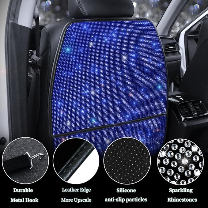 Sparkling Diamond Car Seat Kick Protectors with Storage, Crystal Kick Mats for Car Seats with Bling Rhinestones, Universal Fit Luxury Auto Accessories for Women Girls and Ladies Blue 2pcs