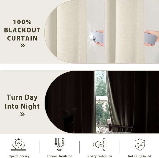 ChadMade 2 Panels Blackout Curtains 132 Inches Long, Extra Long Window Treatments for Bedroom Living Room, Rod Pocket Back Tab Hook Belt Flat Hooks Drapes, Ivory White, 2 Panels, 50 W x 132 L Inch