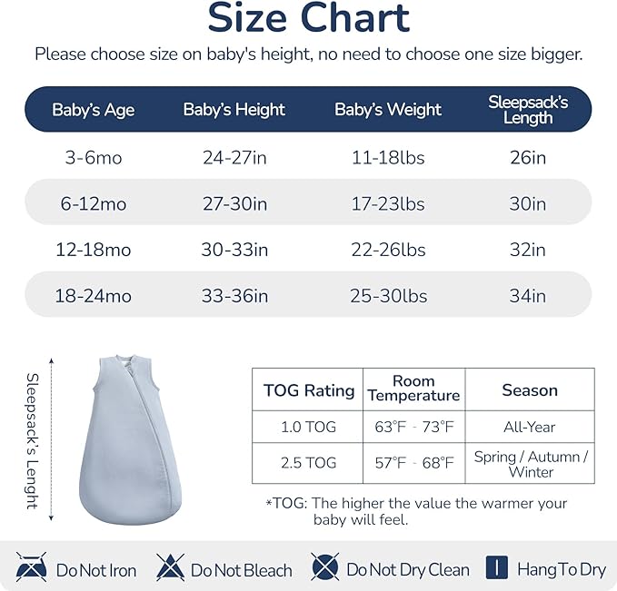 usbettas 1.0 Tog 2.5 Tog Baby Sleep Sack, 100% Cotton Baby Sleeping Bag 3-24M, 2-Way Zipper Baby Wearable Blanket