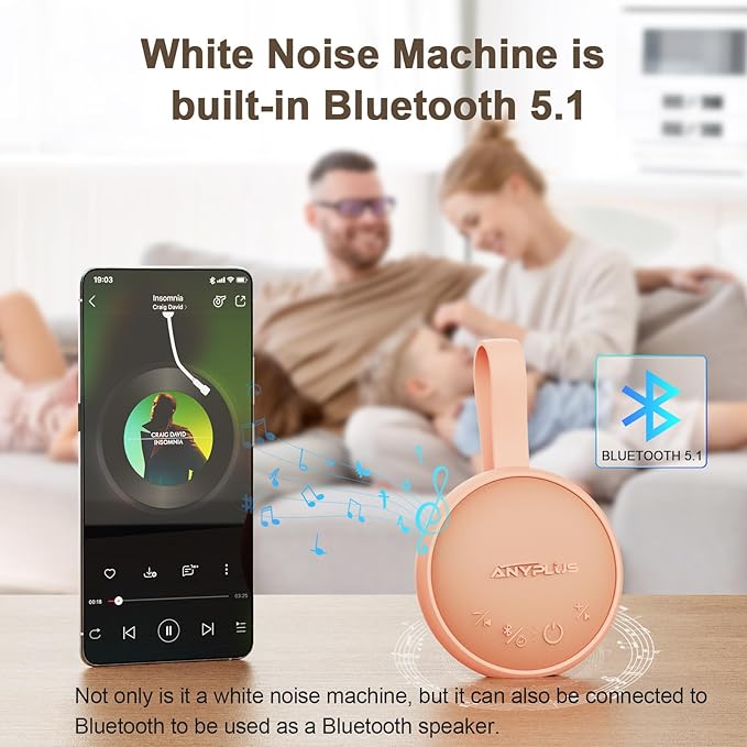 White Noise Sound Machine, Portable Sound Machine for Sleeping Adults & Baby, with Bluetooth 5.1/24 Soothing Sounds/Battery Powered/3 Timer Memory Function for Office/Bedroom/Travel (Orange
