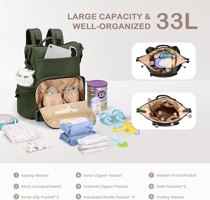 VONAL Neoprene Diaper Bag Backpack with Changing Pad, 33L Large Capacity Neoprene Backpack Baby Diaper Bag with Insulated Pockets, Travel Diaper Backpack Baby with 12 Pockets for Mom & Dad, Green