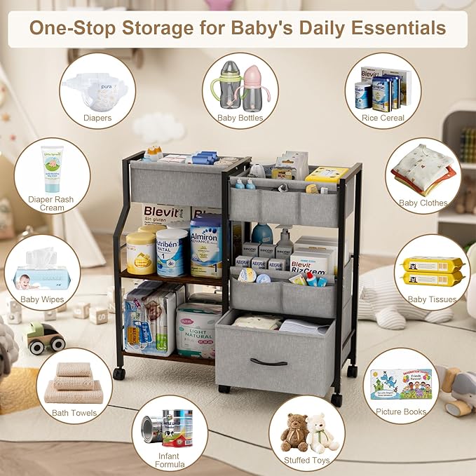Baby Diaper Caddy Organizer and Storage, 3 Tier Rolling Cart with Dividers and Drawers, Mobile Utility Cart with Wheels for Nursery, Bedroom, Baby Newborn Essentials Storage Cart, Black