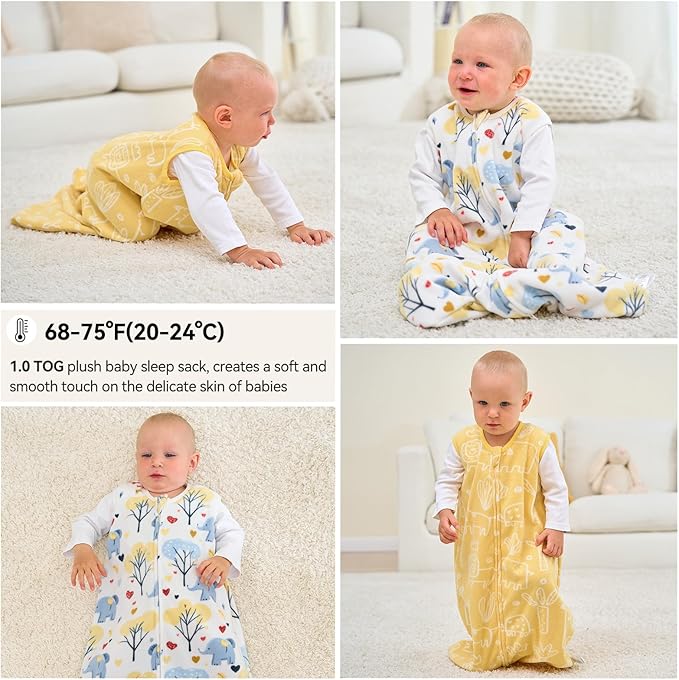 Unnivoll Fleece Baby Sleep Sack 18-24 Months 1.0 Tog Baby Wearable Blanket Microfleece Sleeping Sack with 2-Way Zipper for Toddler Infant Yellow & White Elephant