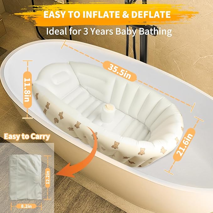 Inflatable Baby Bathtub with Built in Pump, Collapsible Safe Baby Bathtub for Newborns and Baby, Non-Slip Travel Mini Swimming Pool for Babies 0-5 Years Old - Bear