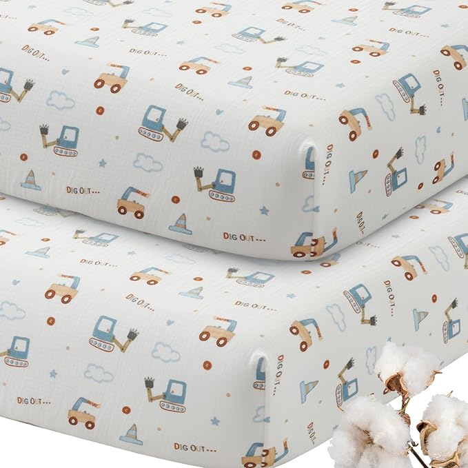 SiinvdaBZX 2 Pack Pack n Play Sheets Boys, Ultra Soft Muslin Cotton Mini Crib Sheets Breathable Toddler Playard Bedding Cover for 38"x27" Portable/Mini Crib Mattresses (2Pcs Construction Trucks)