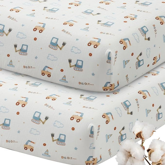 SiinvdaBZX 2 Pack Pack n Play Sheets Boys, Ultra Soft Muslin Cotton Mini Crib Sheets Breathable Toddler Playard Bedding Cover for 38"x27" Portable/Mini Crib Mattresses (2Pcs Construction Trucks)