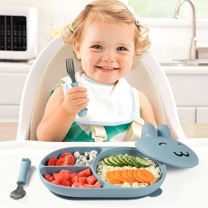 Silicone Baby Plate,Toddler plates,Self-feeding of infants after weaning, 100% Food Grade Silicone, BPA Free, Baby Dinnerware, Baby Plates With Suction, Divided Plate for Babies(blue)
