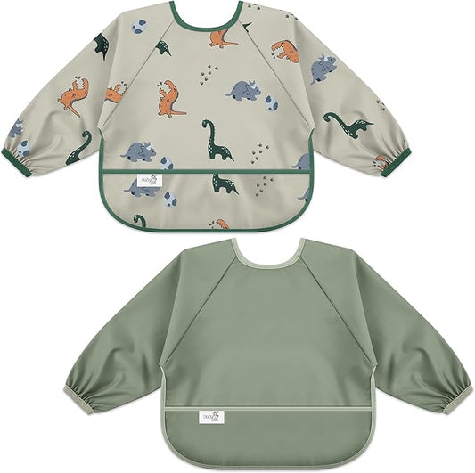 BebeBiu Long Sleeve Baby Bib, Waterproof Fabric, Catch-All Pocket, Baby Smock Bib, Adjustable Sleeves