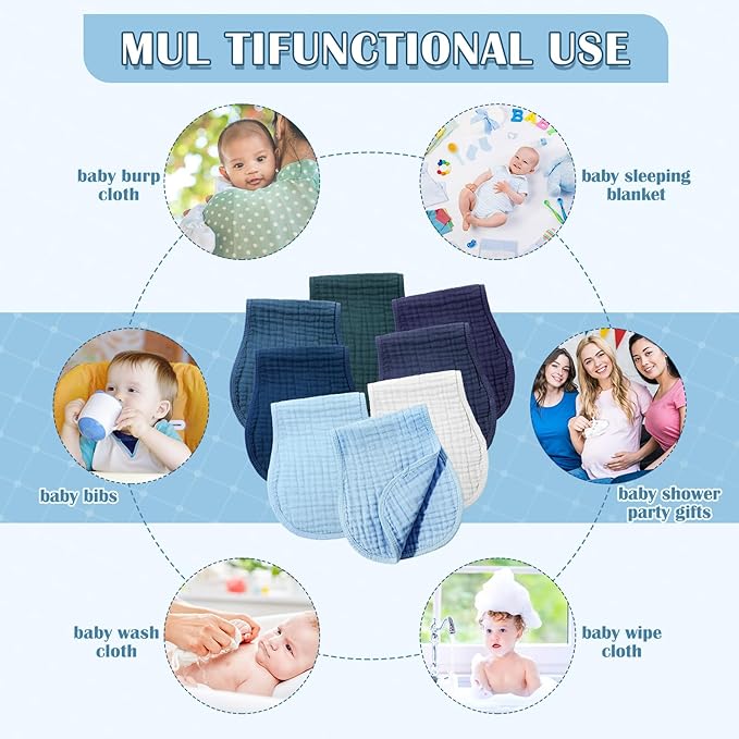 Frienda 8 Pack Muslin Burp Cloths for Baby Large 20 x 10 Inch Cotton Burp Rags for Spit up Drool Absorbent Soft Multicolor Wash Cloths Diapers for Newborn Girl Boy Essential Shower Gift(Blue Series)