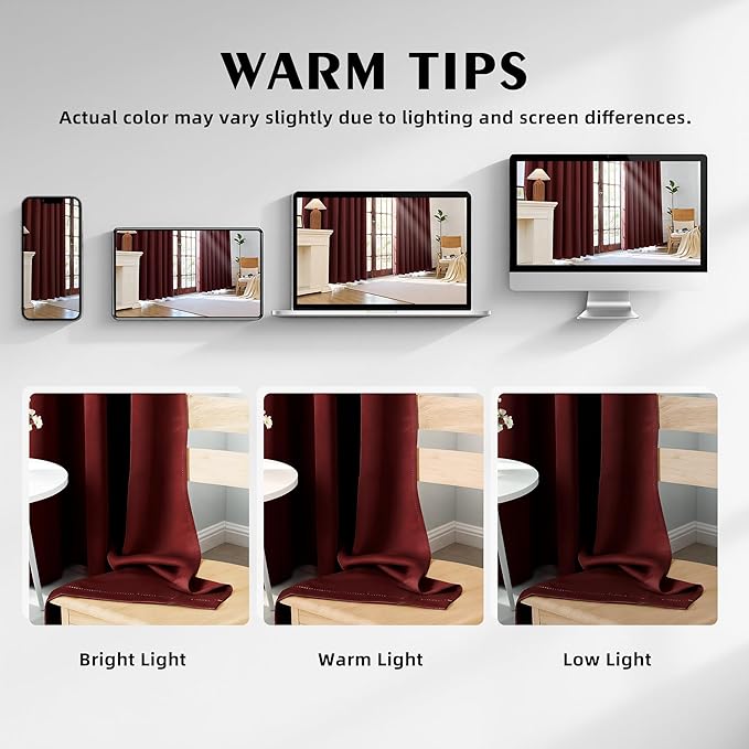 100% Blackout Curtains 63 Inch Length for Bedroom Living Room, Grommet Thermal Insulated Room Darkening Drapes, Light Blocking Window Treatment Decor, 2 Panels, 37x63, Burgundy Red