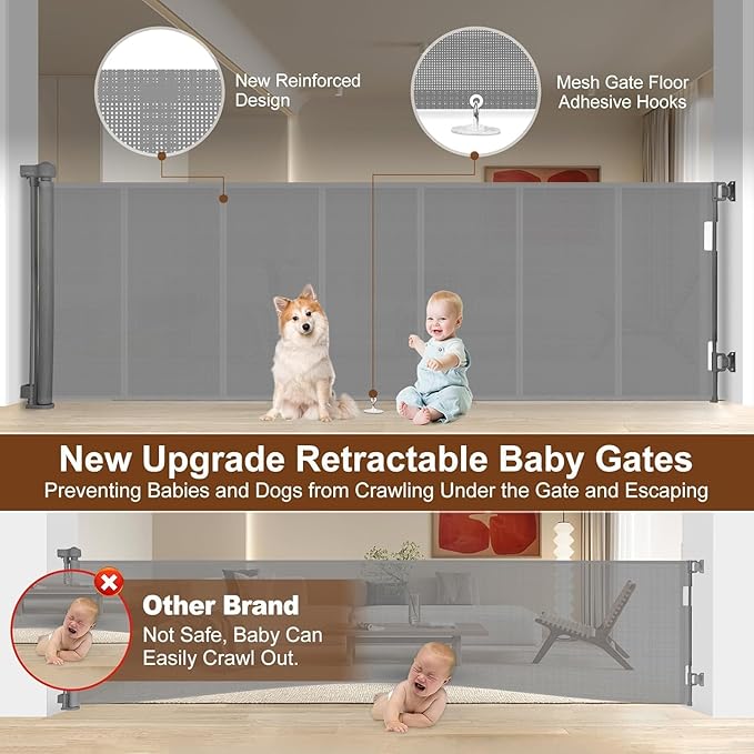 100 inch Retractable Baby Gates 42 inch Tall, Retractable Gate with Reinforced Strip Design to Prevent Crawling Through, 8 FT Extra Wide Retractable Dog Gate for Indoor/Outdoor