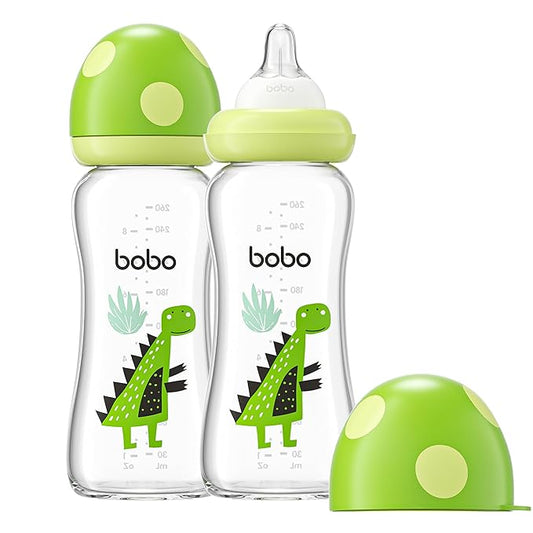 YOHKOH Natural Glass Baby Bottle with Level 2 Medium Flow Nipple, Newborn Anti-Colic Baby Bottles, Wide Neck Mushroom Baby Glass Bottle (8.8ounce (Pack of 2), Green2)