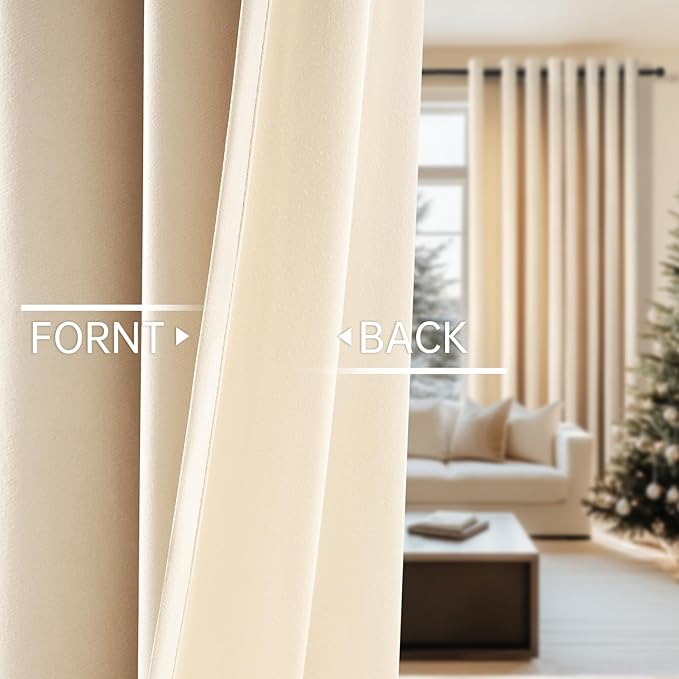 Topfinel 63 Inch Long Beige Blackout Velvet Curtains, Sound Proof Grommet Curtains, Ivory Cream Boho UV Blocking Cute Elegant Drapes for Small Window Bedroom Funky Decor