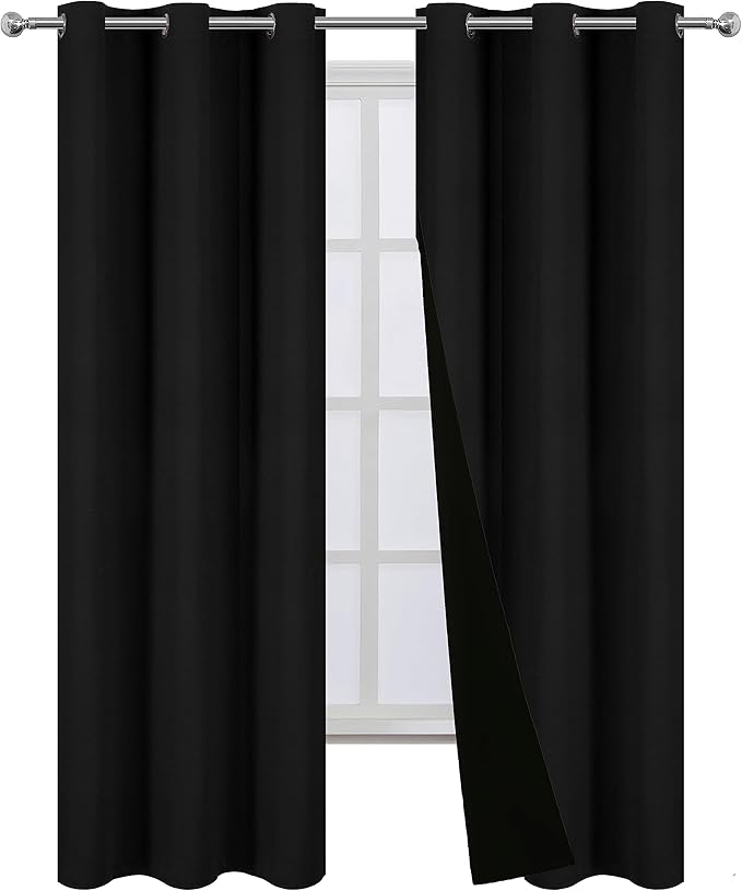 LEMOMO 100% Blackout Curtains 38 x 84 Inch Black Curtains 2 Panels Darkening Thermal Insulated Bedroom Curtains