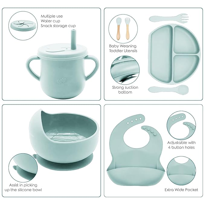 Dormlony 100% Silicone Baby Feeding Set,BPA Free Baby Dishes Set with Suction Bowl Divided Plate,Toddler Self Feeding Dish Set with Spoons Forks Sippy Cup and Bib, Baby Eating Utensils(Light Blue)