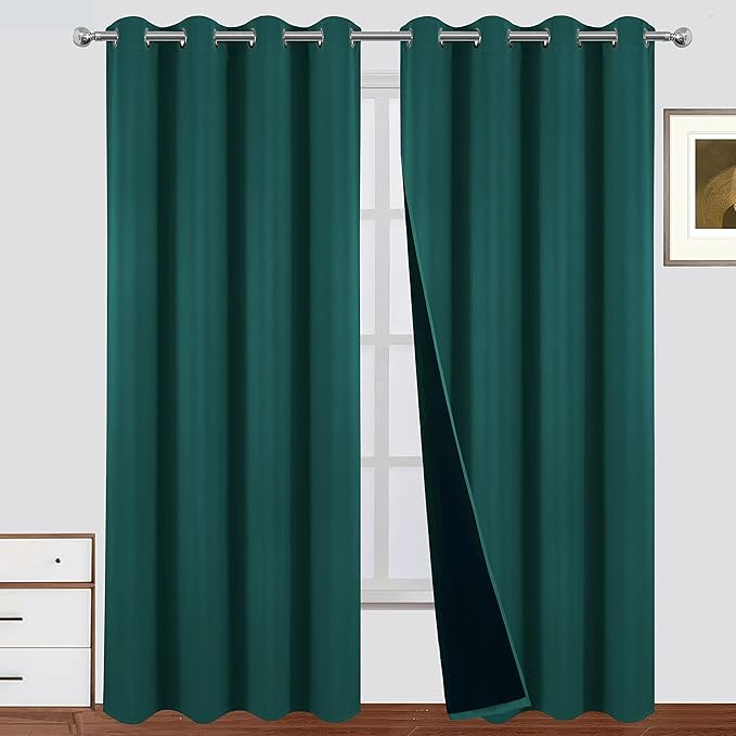 LEMOMO 100% Blackout Curtains 52 x 95 Inch Sea Teal Curtains 2 Panels Darkening Thermal Insulated Bedroom Curtains