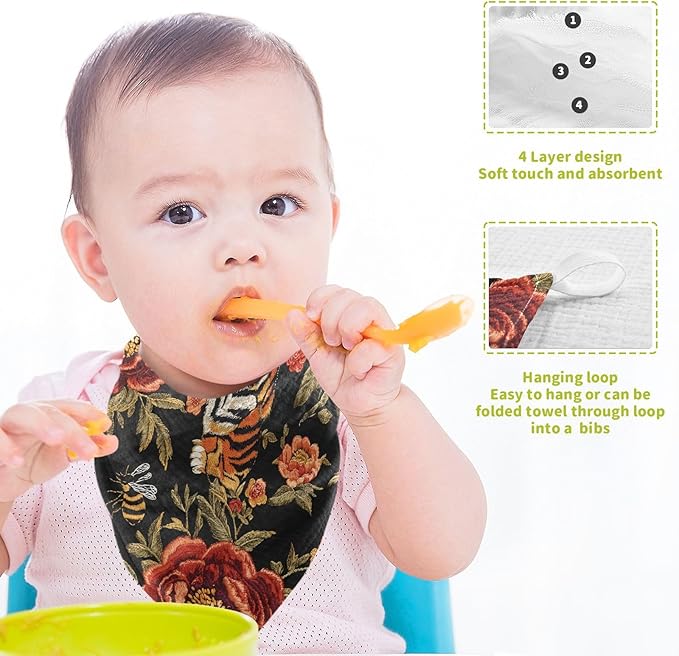 vvfelixl Baby Muslin Washcloths Tiger Bee Flower Baby Burp Cloths Cotton Babys Face Towel for Newborn Infants Boys Girls Soft and Absorbent 11.8 X 11.8 in, 3 Pack