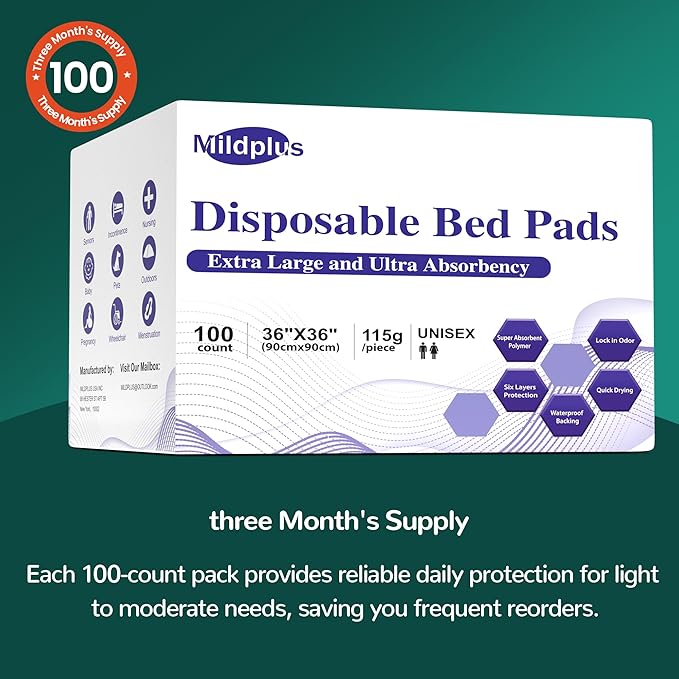 MILDPLUS 100 Count Disposable Bed Pads , 36x36 Inch Extra Large Incontinence Underpads | Heavy Absorbency 115 Grams Pee Pads for Adult, Senior, Baby & Pet Care (No Adhesive)