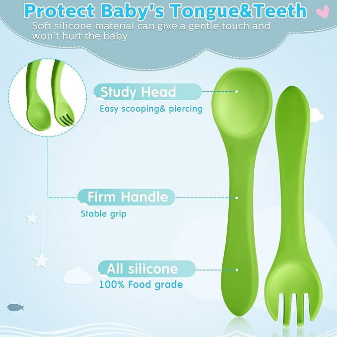 Nuenen 6 Pieces Silicone Baby Feeding Forks and Spoons Set Hot Safety First Stage Self Feeding Supplies Mini Kids Utensils for over 6 Months Babies Boy Girl Toddlers First Foods (Primary Color)