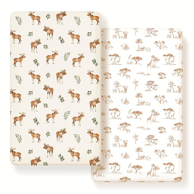 GRSSDER Stretch Ultra Soft Jersey Knit Fitted Crib Sheets Set 2 Pack, Universal Fit All Standard Crib Mattress Pads Safe and Snug, Crib Fitted Sheet with Deep Pocket, Original Design for Unisex Baby