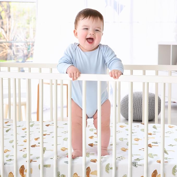LifeTree Crib Sheets for Baby Unisex - Muslin Fitted Crib Sheets Toddler Bed Sheet, 70% Viscose from Bamboo and 30% Cotton, Fits Mini Crib & Pack and Play Playard, Mushroom, 26in x 38in