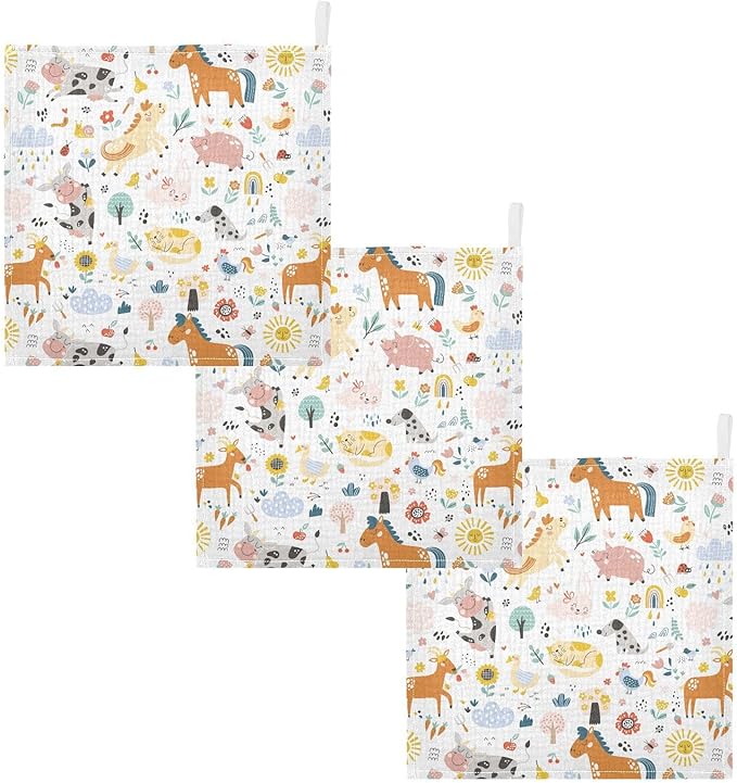 Baby Washcloths Cotton Cute Farm Animals Baby Muslin Washcloths Soft Baby Face Towel for Newborn Infants Baby Wipes, 11.8 X 11.8 Inch, 5 Pack