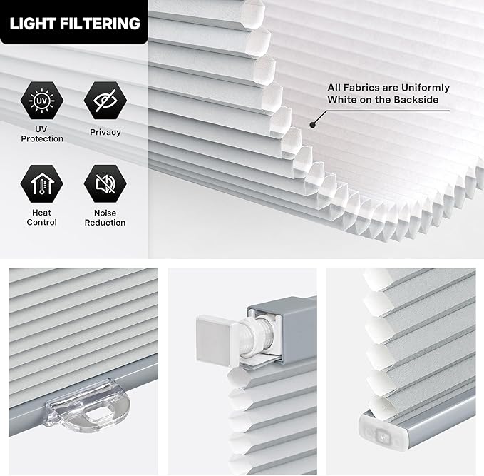 LazBlinds Cordless Cellular Shades, No Tools No Drill Light Filtering Honeycomb Shades Pleated Blinds for Windows, 23'' W x 64'' H, Dark Grey